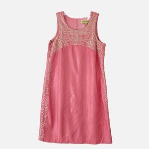 SIGRID OLSEN Signature Preppy Coral Pink Sleeveless Linen Embroidered Dress Sz 4